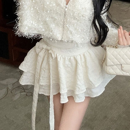 V-Neck Furry Zip-Up Crop Cardigan / Mini Tiered Skirt