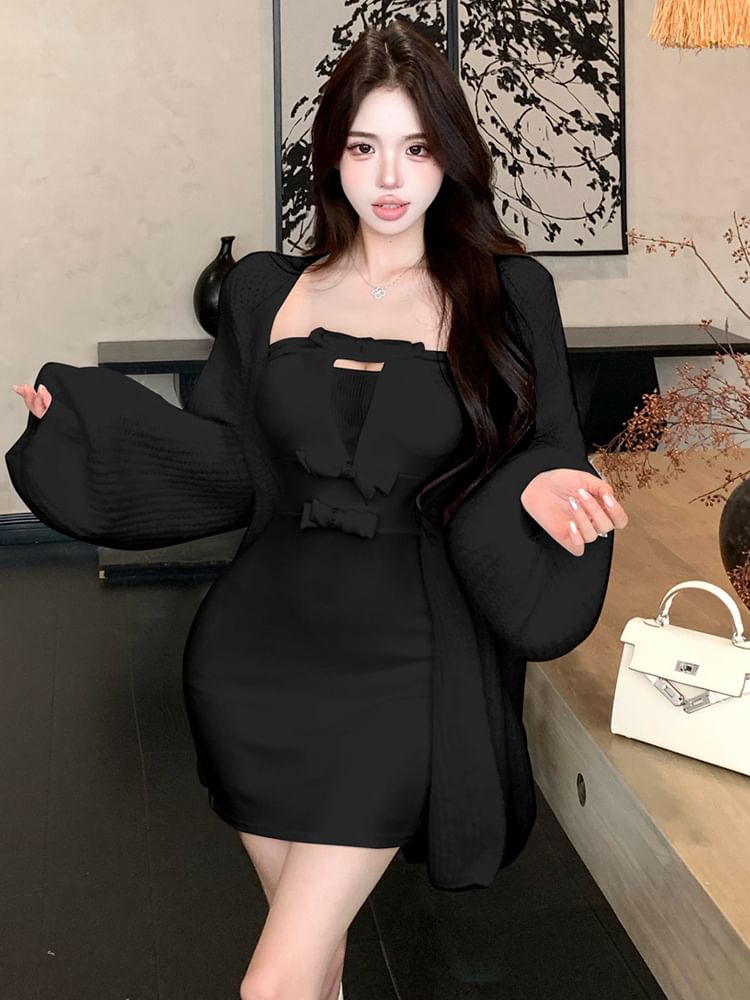 Balloon-Sleeve Plain Cardigan / Strapless Mini Bodycon Dress