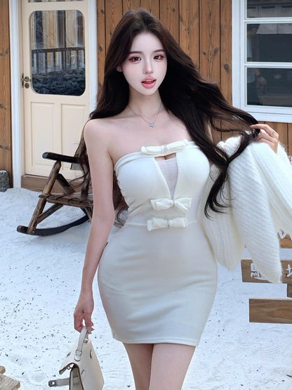 Balloon-Sleeve Plain Cardigan / Strapless Mini Bodycon Dress