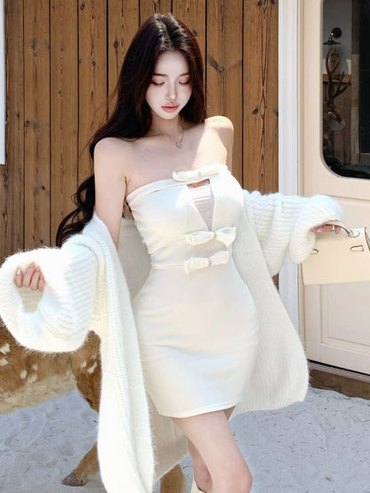 Balloon-Sleeve Plain Cardigan / Strapless Mini Bodycon Dress