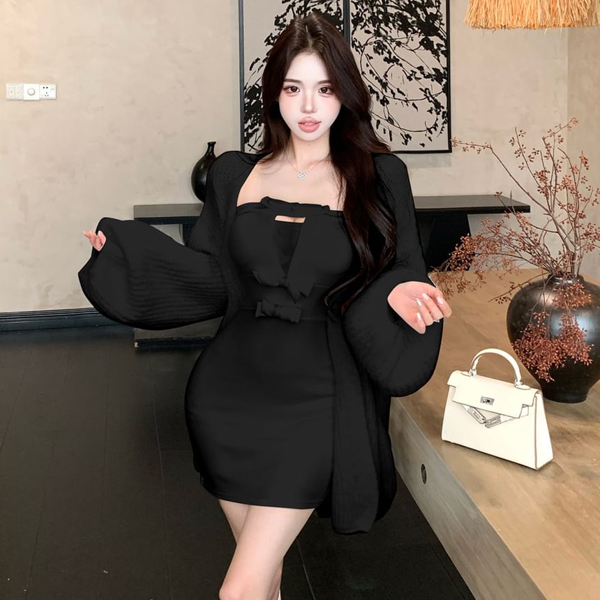 Balloon-Sleeve Plain Cardigan / Strapless Mini Bodycon Dress