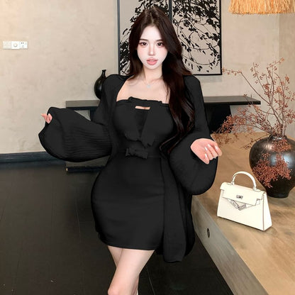 Balloon-Sleeve Plain Cardigan / Strapless Mini Bodycon Dress