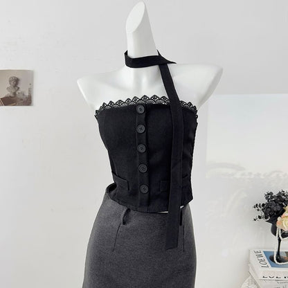 Lace Trim Button Crop Tube Top with Matching Scarf Set