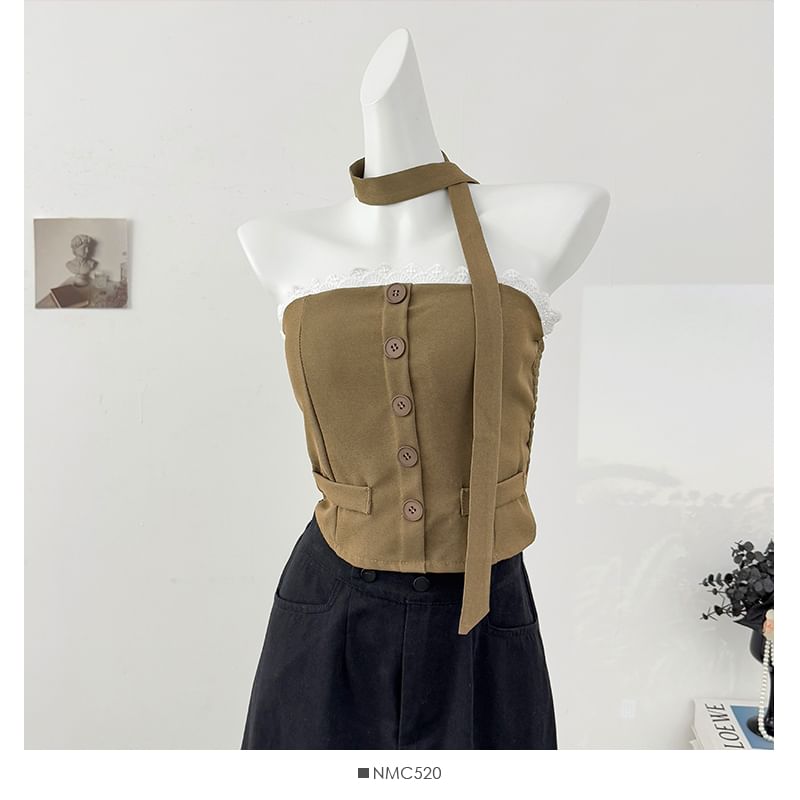 Lace Trim Button Crop Tube Top with Matching Scarf Set