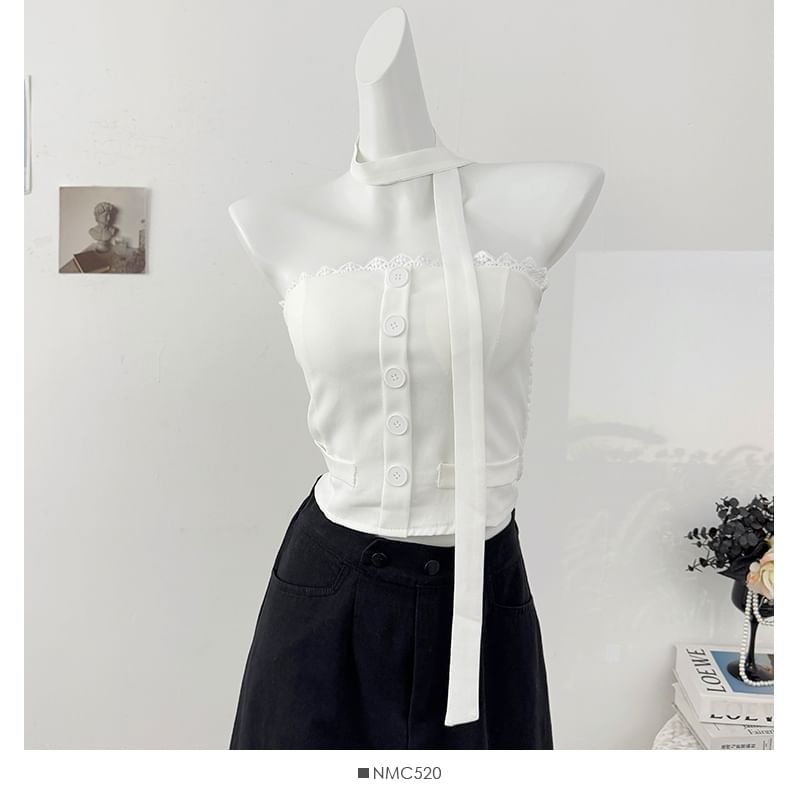 Lace Trim Button Crop Tube Top with Matching Scarf Set