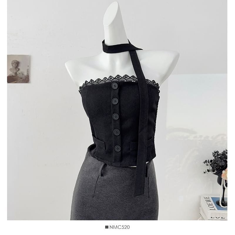 Lace Trim Button Crop Tube Top with Matching Scarf Set