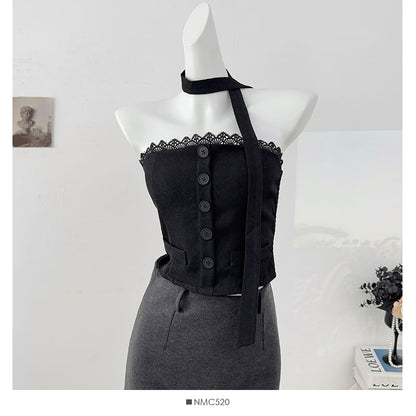 Lace Trim Button Crop Tube Top with Matching Scarf Set