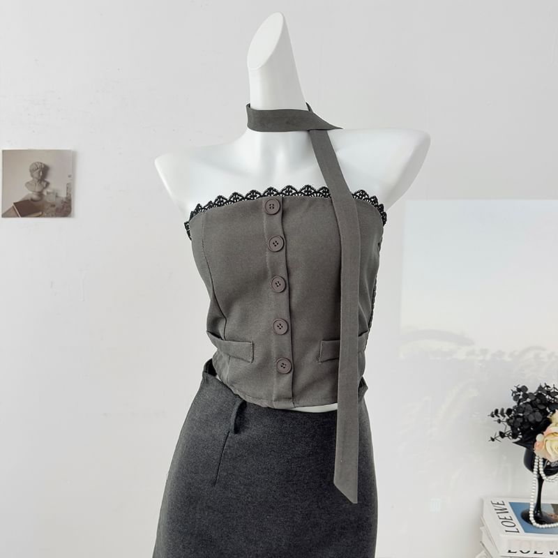 Lace Trim Button Crop Tube Top with Matching Scarf Set