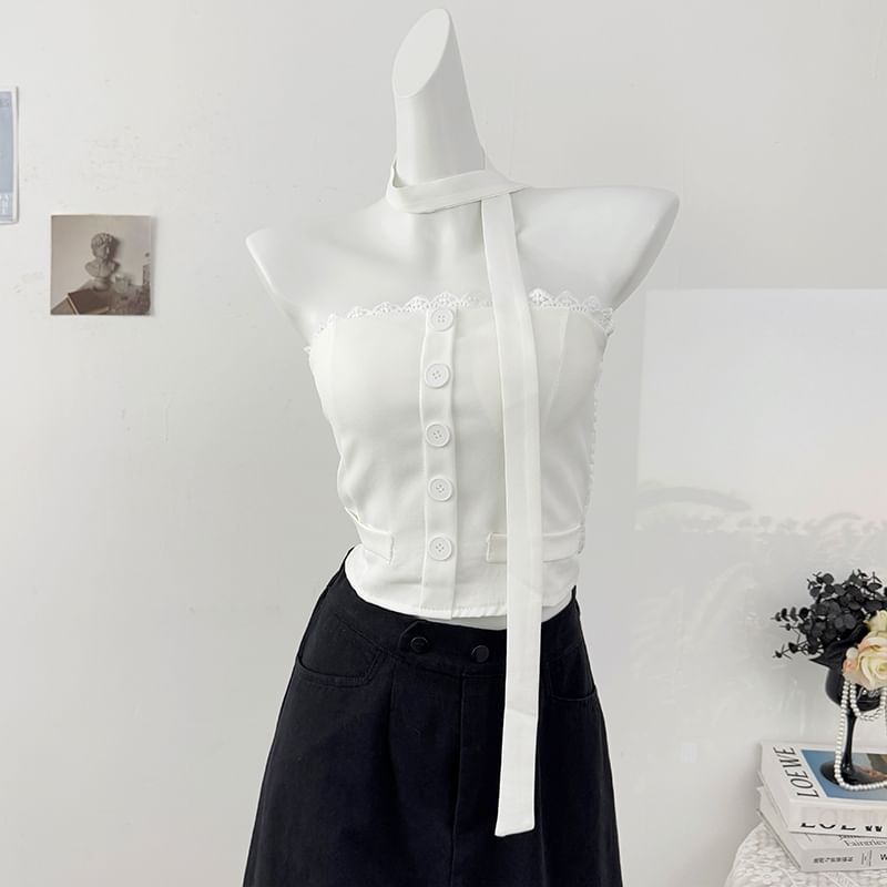 Lace Trim Button Crop Tube Top with Matching Scarf Set