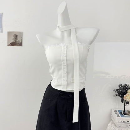 Lace Trim Button Crop Tube Top with Matching Scarf Set