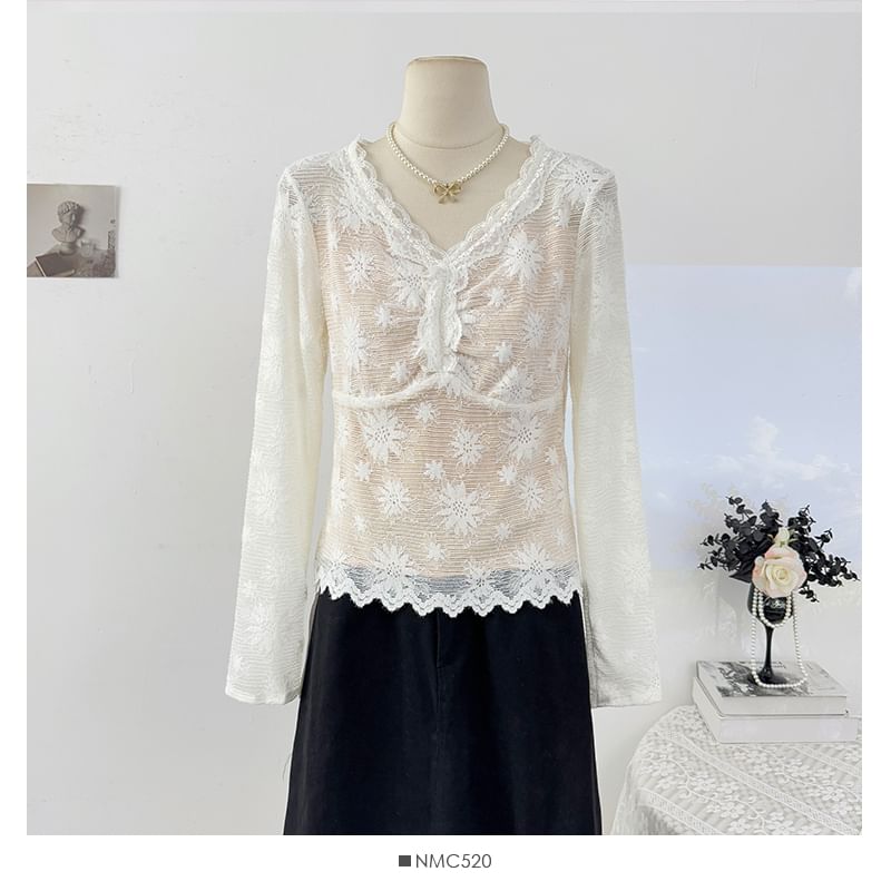 Slim-Fit Lace V-Neck Long Sleeve Tee