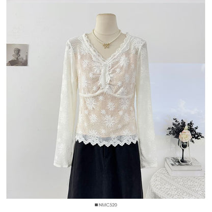Slim-Fit Lace V-Neck Long Sleeve Tee