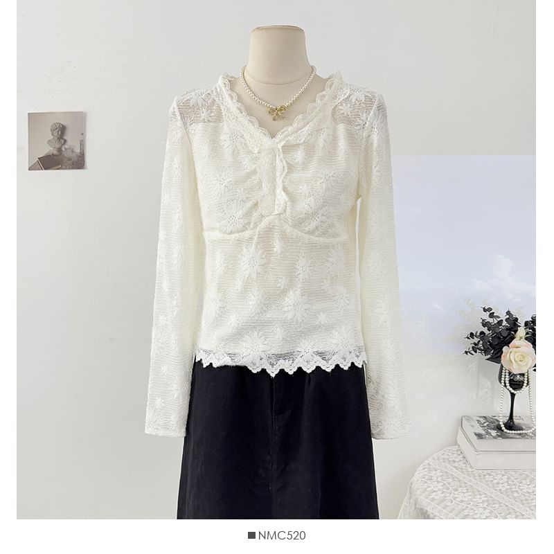 Slim-Fit Lace V-Neck Long Sleeve Tee