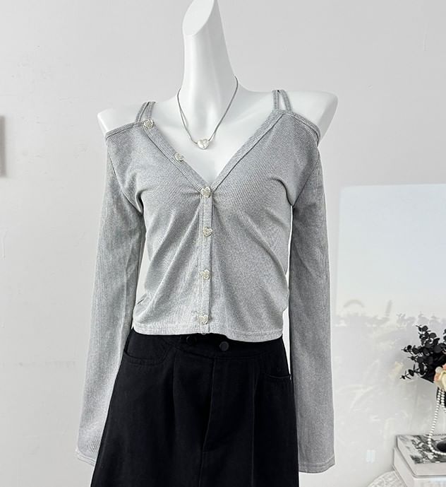 Ribbed Cold Shoulder Crop Top with V-Neck and Long Sleeves