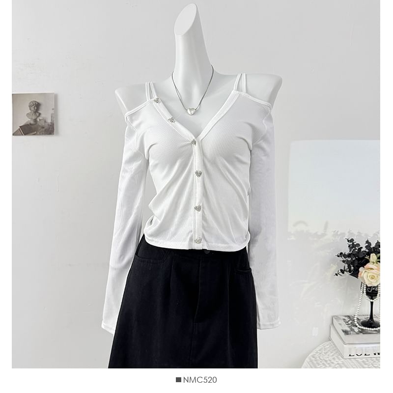 Ribbed Cold Shoulder Crop Top with V-Neck and Long Sleeves
