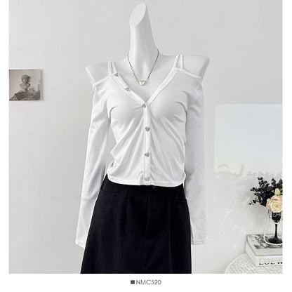 Ribbed Cold Shoulder Crop Top with V-Neck and Long Sleeves