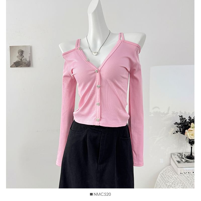 Ribbed Cold Shoulder Crop Top with V-Neck and Long Sleeves