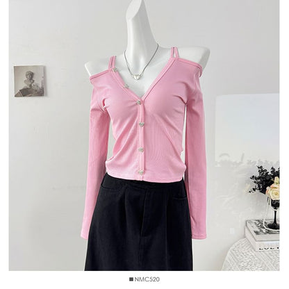 Ribbed Cold Shoulder Crop Top with V-Neck and Long Sleeves