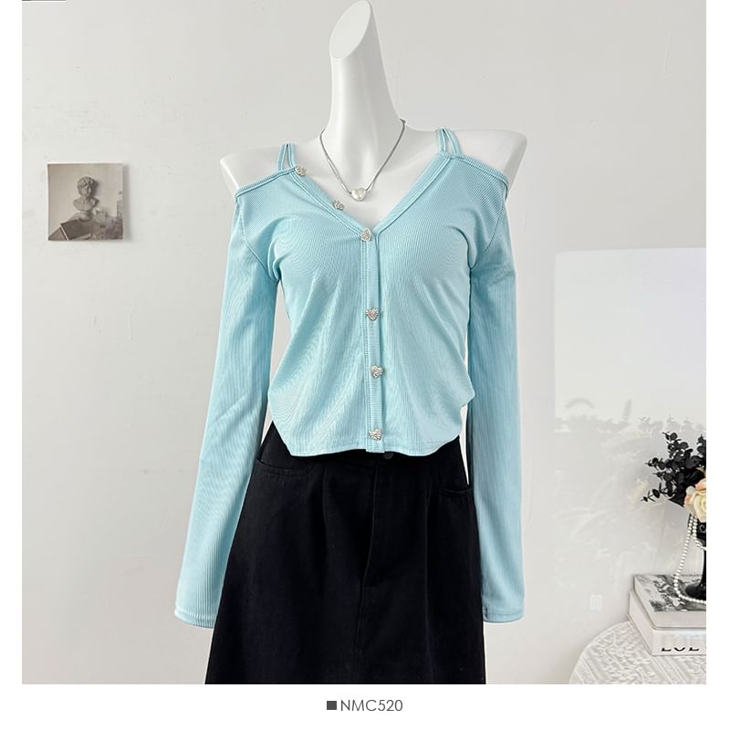 Ribbed Cold Shoulder Crop Top with V-Neck and Long Sleeves