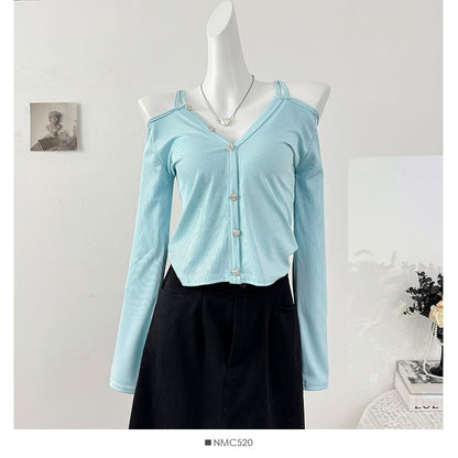 Ribbed Cold Shoulder Crop Top with V-Neck and Long Sleeves