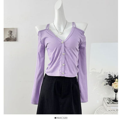 Ribbed Cold Shoulder Crop Top with V-Neck and Long Sleeves