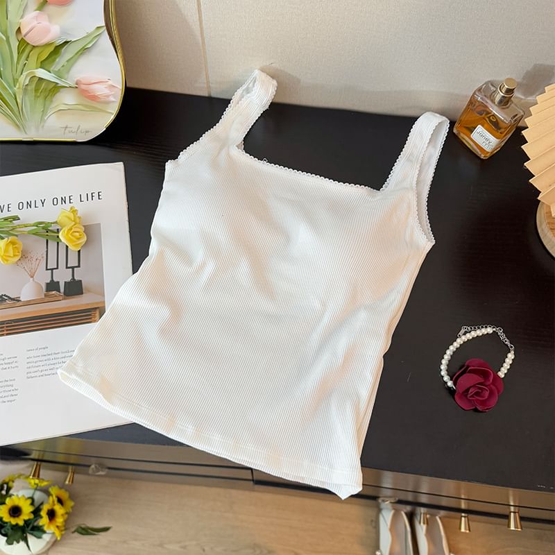 Padded Ribbed Square-Neck Crop Tank with Lace Accent