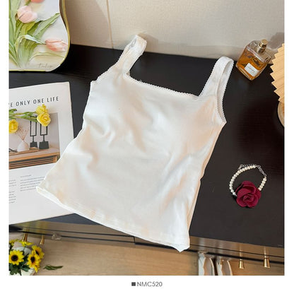 Padded Ribbed Square-Neck Crop Tank with Lace Accent