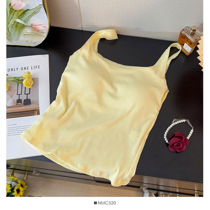 Padded Ribbed Square-Neck Crop Tank with Lace Accent