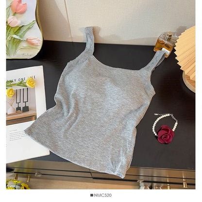 Padded Ribbed Square-Neck Crop Tank with Lace Accent