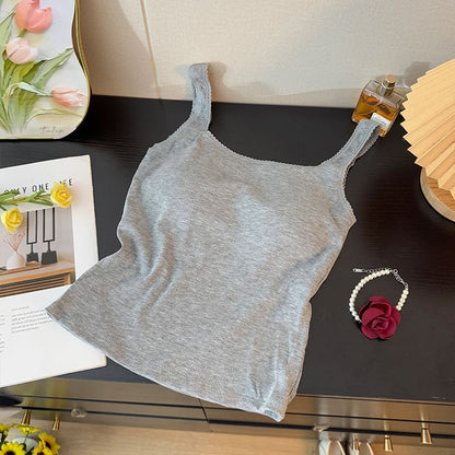 Padded Ribbed Square-Neck Crop Tank with Lace Accent