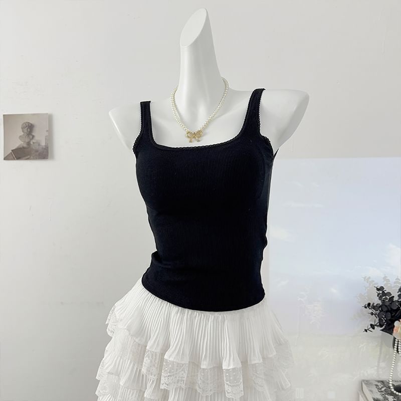 Padded Ribbed Square-Neck Crop Tank with Lace Accent