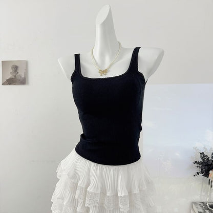 Padded Ribbed Square-Neck Crop Tank with Lace Accent