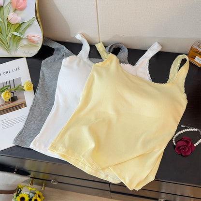 Padded Ribbed Square-Neck Crop Tank with Lace Accent