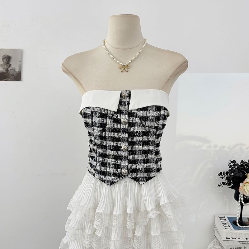 Tweed Checker Crop Tube Blouse with Button Closure