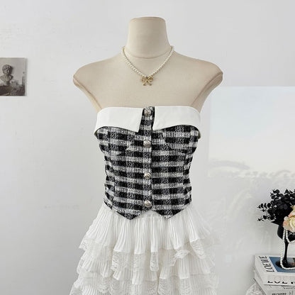 Tweed Checker Crop Tube Blouse with Button Closure
