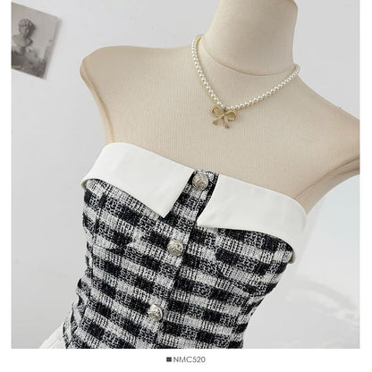 Tweed Checker Crop Tube Blouse with Button Closure