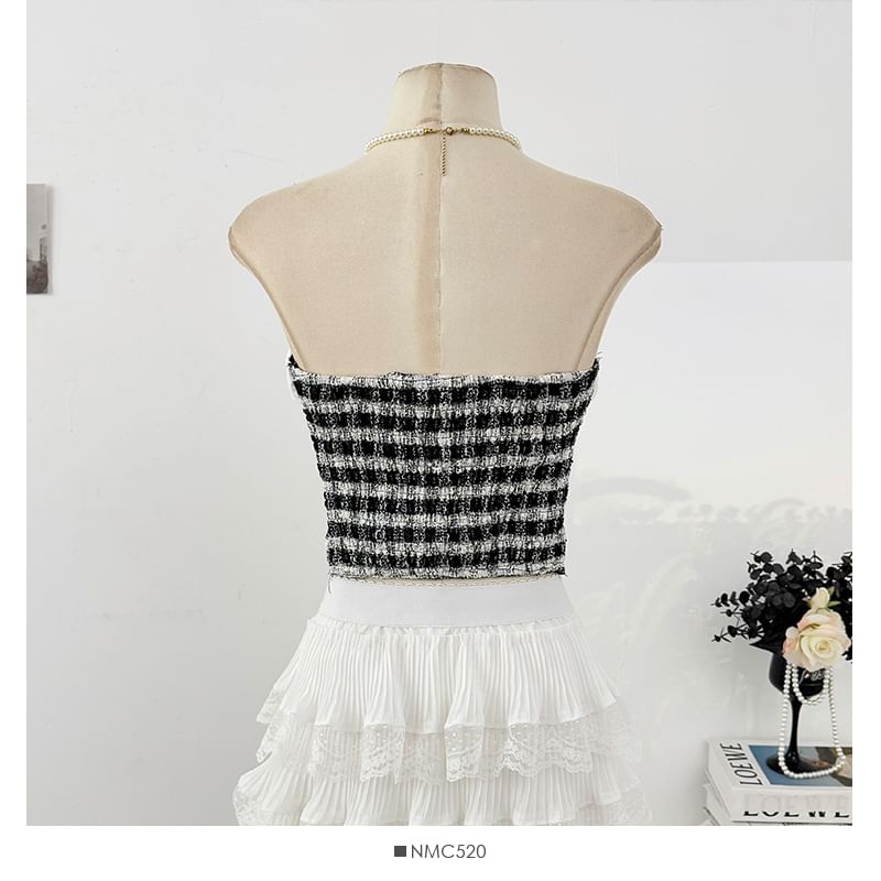 Tweed Checker Crop Tube Blouse with Button Closure