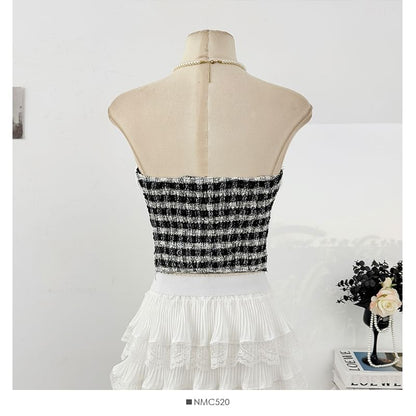 Tweed Checker Crop Tube Blouse with Button Closure