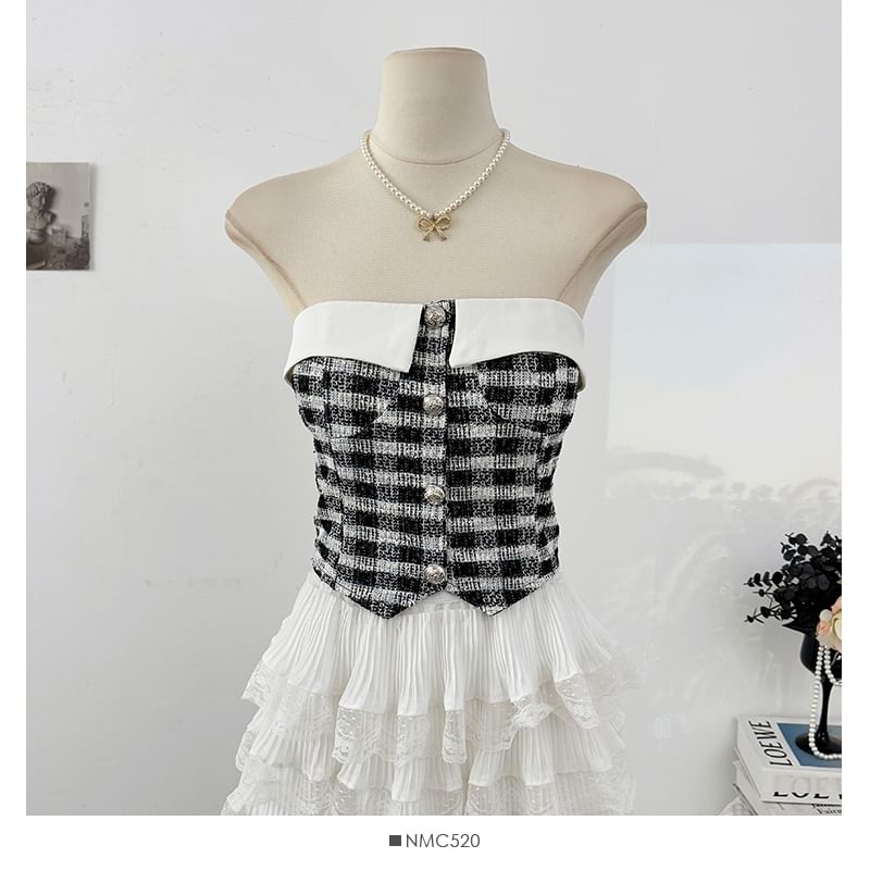 Tweed Checker Crop Tube Blouse with Button Closure