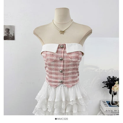 Tweed Checker Crop Tube Blouse with Button Closure