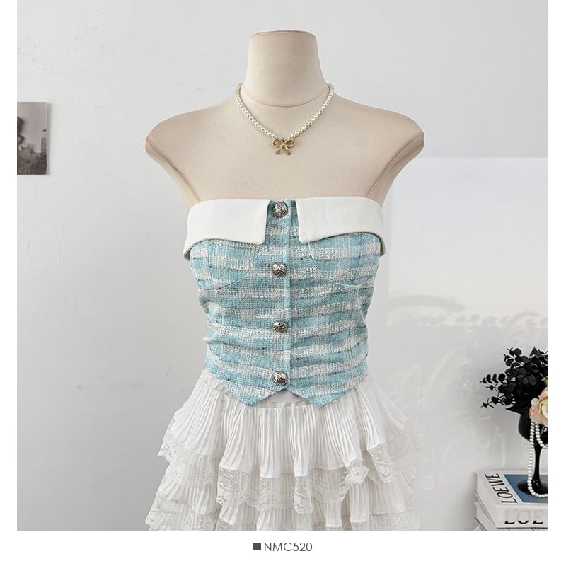Tweed Checker Crop Tube Blouse with Button Closure