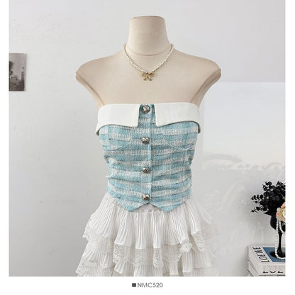 Tweed Checker Crop Tube Blouse with Button Closure