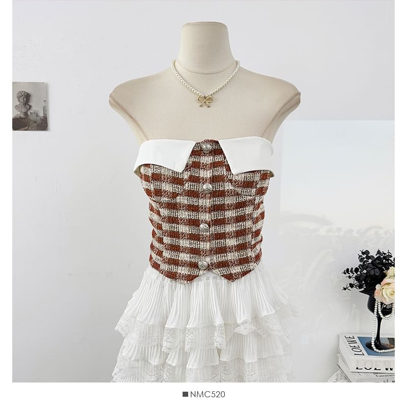 Tweed Checker Crop Tube Blouse with Button Closure