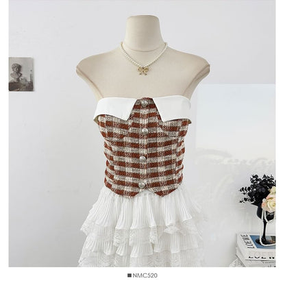 Tweed Checker Crop Tube Blouse with Button Closure