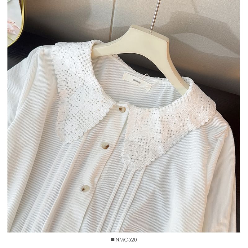 Corduroy Long Sleeve Blouse with Pintuck Collar and Lace Detail