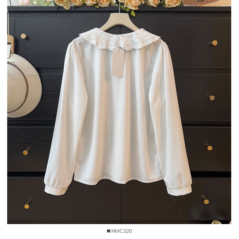 Corduroy Long Sleeve Blouse with Pintuck Collar and Lace Detail