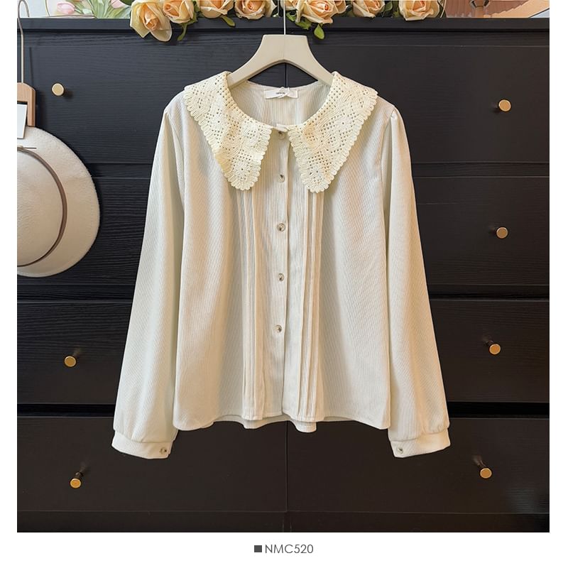 Corduroy Long Sleeve Blouse with Pintuck Collar and Lace Detail
