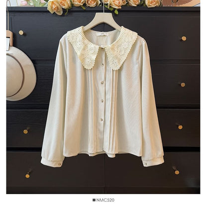 Corduroy Long Sleeve Blouse with Pintuck Collar and Lace Detail