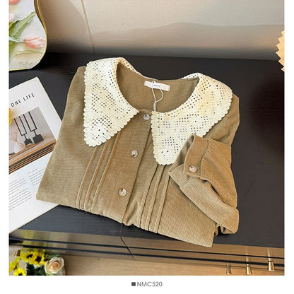 Corduroy Long Sleeve Blouse with Pintuck Collar and Lace Detail