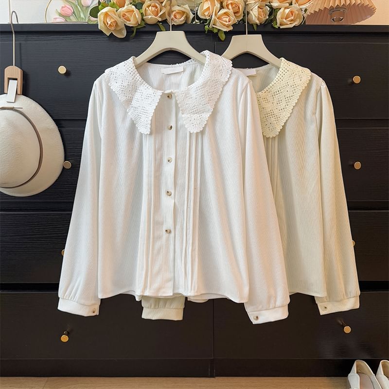 Corduroy Long Sleeve Blouse with Pintuck Collar and Lace Detail